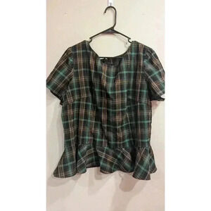 Woman pinup style black, brown & green plaid peplum blouse w/ short sleeves 4x